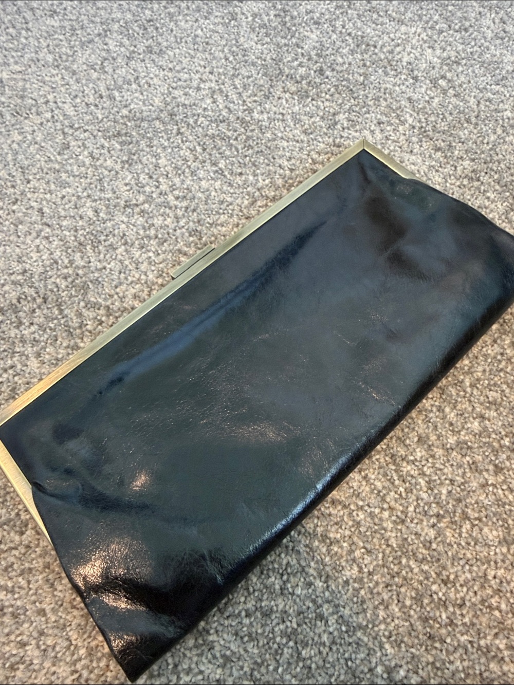 HOBO Black Leather Frame Clutch with Gold Trim/Paisley Interior